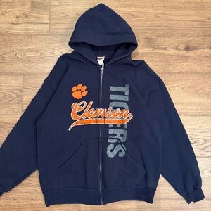VTG Clemson University Spellout Hoodie Large Soffe Zip y2k 90s Navy Blue EUC